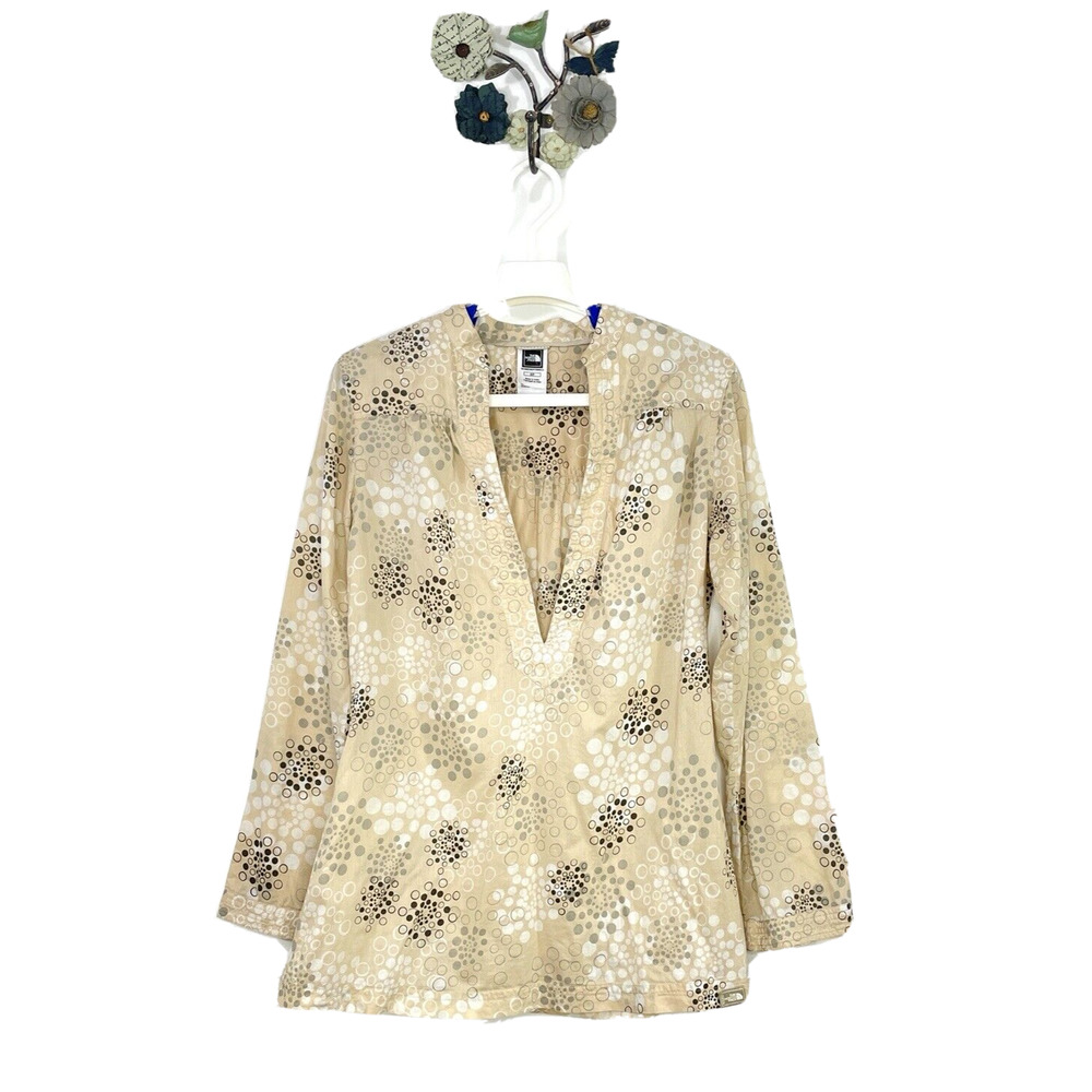 The North Face Tan Long Sleeved Cotton V Neck Tunic Top Geometric Print Small